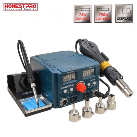 MaBricole | HONESTPRO | Fer à souder | Station de soudage 2 en 1 à air chaud 750W (100–480 °C) et fer à souder de précision 75W (200–480 °C) HONESTPRO | YAE4300