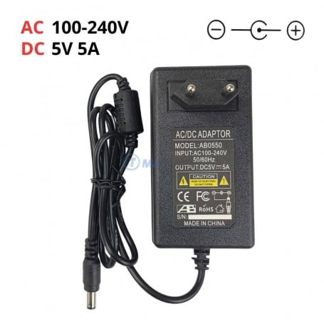 Adaptateur secteur noir AC 100-240V à DC 5V 5A avec prise et câble intégré