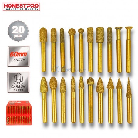 مجموعة 20 رأس طحن بأشكال مختلفة طول 60 مم ساق بقطر 6 مم هوناست برو | YAG0328