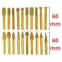 Vingt fraises de meulage dorées de formes variées, longueur 60 mm, embout diamètre 6 mm.