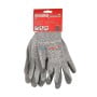 Paire de gants de protection gris clair à pointillés foncés, avec paumes enduites, étiquette rouge HONESTPRO sur l'emballage