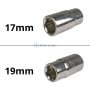 Deux douilles en chrome-vanadium pour clé à pneus, tailles 17 mm et 19 mm, sur fond blanc.