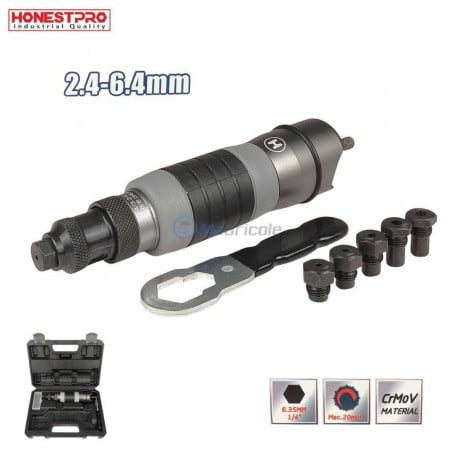 Adaptateur de rivet aveugle avec embout 6,35 mm et plusieurs tailles de rivets, accompagné d'une clé et mallette.