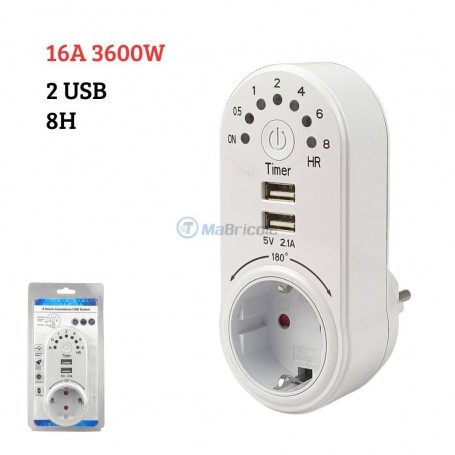 USB programmable avec minuterie 30 min – 8 h 16A 3600W 2 ports USB 5V 2.1A