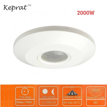 مستشعر حركة بالأشعة تحت الحمراء 360° مدى كشف 6 أمتار 2000 واط ضبط حساسية الإضاءة