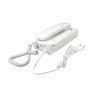 Interphone audio filaire blanc avec combiné intérieur et alimentation électrique. Fil en spirale visible.