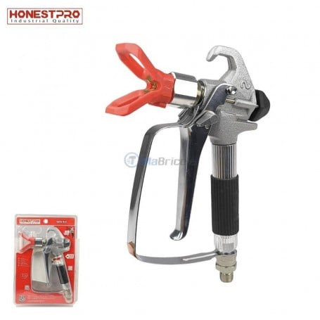 Pistolet de peinture airless avec buse rouge et poignée noire, utilisé pour pulvériser de la peinture.