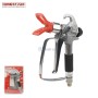 Pistolet de peinture airless avec buse rouge et poignée noire, utilisé pour pulvériser de la peinture.