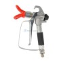 Pistolet de peinture airless avec poignée noire et gâchette argentée, embout rouge.