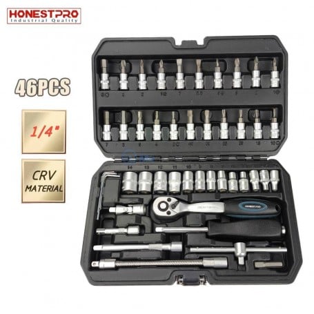 Caisse à outils ouverte avec clé à cliquet, douilles et embouts, 46 pièces, en chrome-vanadium.