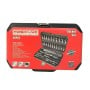 Valise rouge et noire contenant un coffret d'outils clé à cliquet avec douilles et embouts 46 pièces