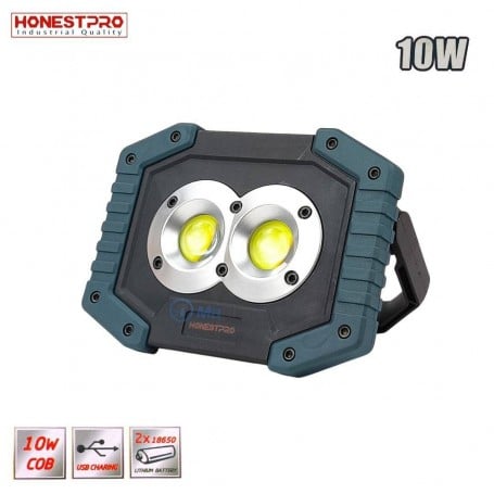 Projecteur portatif LED noir et bleu avec deux ampoules circulaires et poignée rabattable
