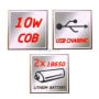 Icônes indiquant 10W COB, recharge USB, et deux piles lithium 18650