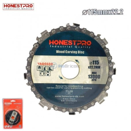 Disque à chaîne de 115 mm de diamètre avec axe de 22,2 mm, usage pour travail du bois et plastiques.