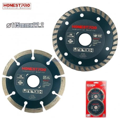 Deux disques diamant noirs avec segments turbo et rainurés de 115 mm pour découpe matériaux durs HONESTPRO.