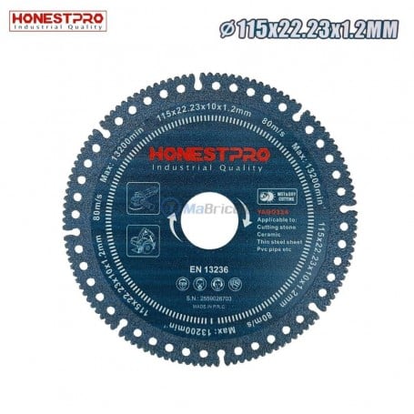 Disque diamant circulaire bleu avec inscriptions blanches et rouges, utilisé pour la coupe multi-matériaux.