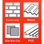 Illustrations des matériaux compatibles : béton, métal, carrelage en marbre et PVC
