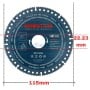 Disque diamant circulaire bleu avec inscriptions et mesures, utilisé pour coupe multifonction.