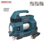 Mini compresseur d'air portable bleu 12V avec poignée, câble et prise allume-cigare, affiche logo HONESTPRO.