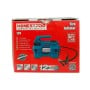 Boîte rouge avec mini compresseur d'air bleu 12V marqué HonestPro et câble avec pince pour prise allume-cigare