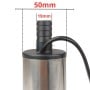 Pompe à gasoil en acier inoxydable avec raccord noir et câble, dimensions indiquées en rouge