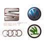 Logos des marques automobiles Seat, Volkswagen, Audi et Skoda sur fond blanc