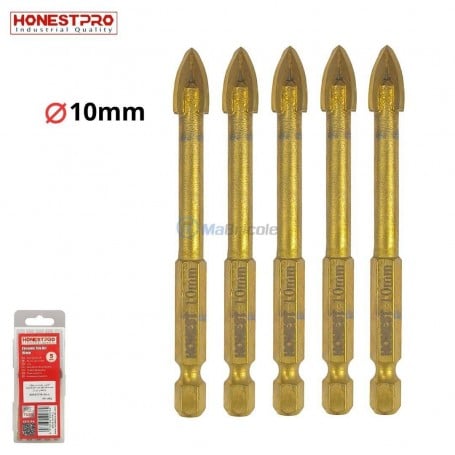 Cinq forets dorés de 10 mm diamètre pour céramique avec embout hexagonal 6,35 mm.
