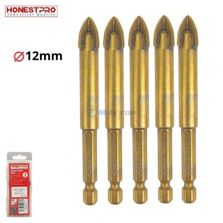 Cinq forets dorés de 12mm de diamètre pour céramique avec embout hexagonal 6,35mm.