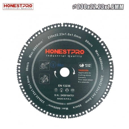 Disque diamant multifonction noir avec inscriptions blanches et rouges, adapté pour coupe béton, métal, marbre et carrelage