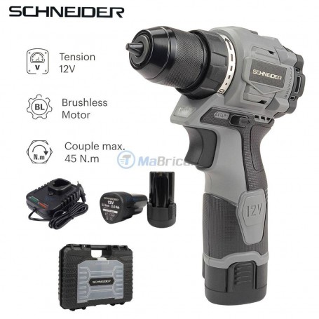 مفك براغي/مثقاب 12 فولت لاسلكي بدون فحمات مع بطاريتين 2أمبير ساعي شاحن وحقيبة شنايدر | SCHV12B