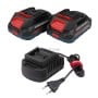 Deux batteries noires et rouges et un chargeur avec câble secteur pour visseuse à choc.