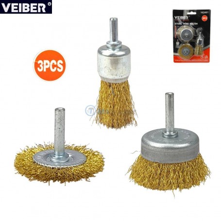 MaBricole | VEIBER® | Pour perceuse et visseuse | Jeu de 3 brosses métalliques circulaires 25/50/65mm tige 5mm VEIBER | 162401