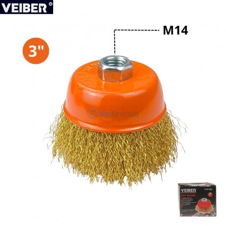 MaBricole | VEIBER® | Pour meuleuse | Brosse métallique coupelle 3" avec filetage M14 VEIBER | 176108