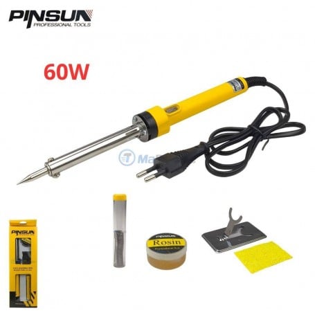 Fer à souder électrique 60W jaune avec cordon, fil d’étain, pot de flux rosin, support métallique et éponge jaune