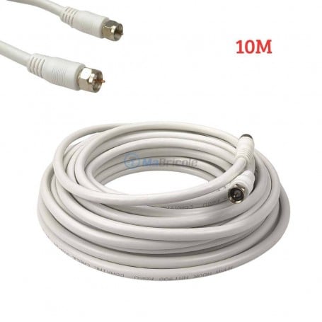 Câble coaxial blanc de 10 mètres avec connecteurs F vissés visibles aux extrémités