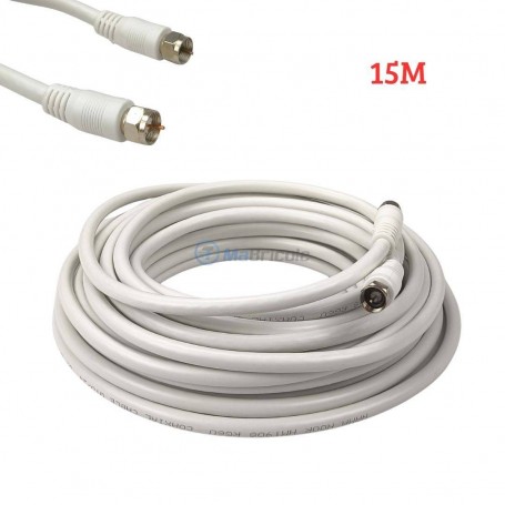 Câble coaxial blanc de 15 mètres avec connecteurs F vissés visibles aux extrémités