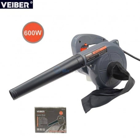 Souffleur aspirateur électrique gris avec embout long et sac de récupération noir, boîte du produit VEIBER 600W
