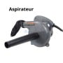 Aspirateur électrique portable gris avec un sac de collecte noir, tuyau d'aspiration long et poignée intégrée.