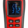 Thermo-hygromètre numérique affichant 27,0°C et 37,2 % d'humidité avec boutons de contrôle sur fond rouge et noir