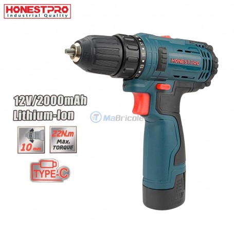 Visseuse perceuse sans fil bleue HONESTPRO avec batterie 12V 2000mAh et charge USB Type-C