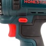Gros plan sur la poignée et le bouton de sens de rotation rouge d'une visseuse perceuse HONESTPRO bleue et noire
