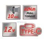 Autocollants indiquant 10 mm, 22 N.m couple maximum, 12 V, et chargement type C