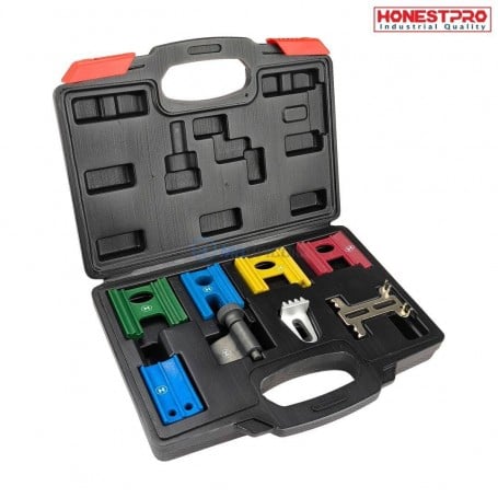 Coffret ouvert avec plusieurs outils de calage moteur de différentes couleurs, marqué HONESTPRO.