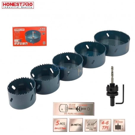 Ensemble de 5 scies-cloches bimétal de différentes tailles avec adaptateur et clé hexagonale.