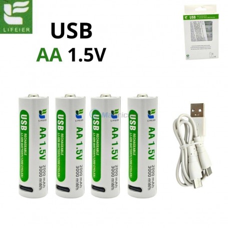 MaBricole | LIFIER | Batteries et chargeur | 4Piles rechargeable USB AA 1.5V 2000mAh avec câble LIFEIER