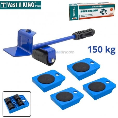 Kit de levage de meubles avec palan rotatif bleu et 4 patins de déplacement bleus, charge 150 kg