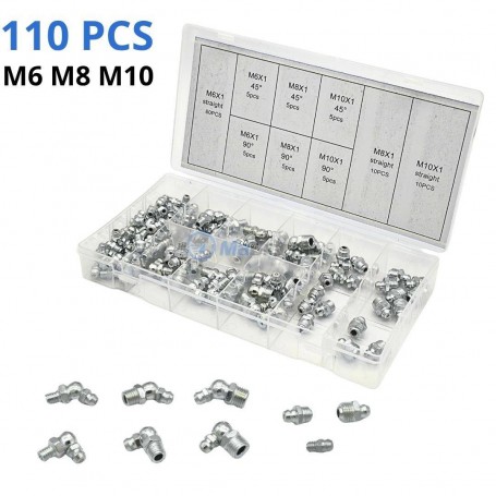 MaBricole | | Autre accessoires | Assortiment de raccords de graissage de M6 M8 M10 0° 45° 90° 110PCS