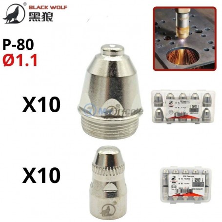 MaBricole | BLACK WOLF | pour poste à souder | kit de 10 électrodes et 10 buses de coupage plasma P-80 1.1mm BLACK WOLF