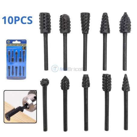 MaBricole | | Pour perceuse et visseuse | Jeu de fraises rotatives râpe à bois et PVC 3.175mm 10 pièces