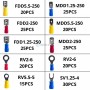 Différents types de cosses à sertir pour câbles électriques avec quantités indiquées pour chaque type.